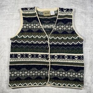 Alibi Sweater Mens Large Fair Isle Green Button Up Vest Shetland Wool Knit